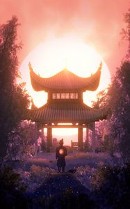 Preview wallpaper pagoda, architecture, samurai, light, twilight