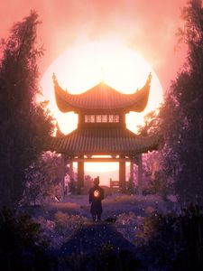 Preview wallpaper pagoda, architecture, samurai, light, twilight