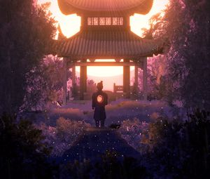 Preview wallpaper pagoda, architecture, samurai, light, twilight