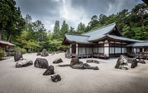 Preview wallpaper pagoda, architecture, stones, sand, landscape