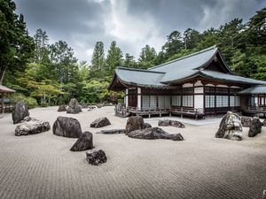 Preview wallpaper pagoda, architecture, stones, sand, landscape