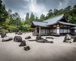 Preview wallpaper pagoda, architecture, stones, sand, landscape