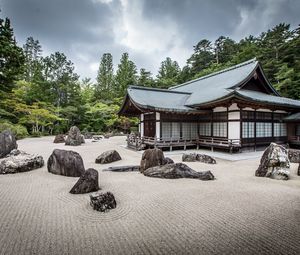 Preview wallpaper pagoda, architecture, stones, sand, landscape