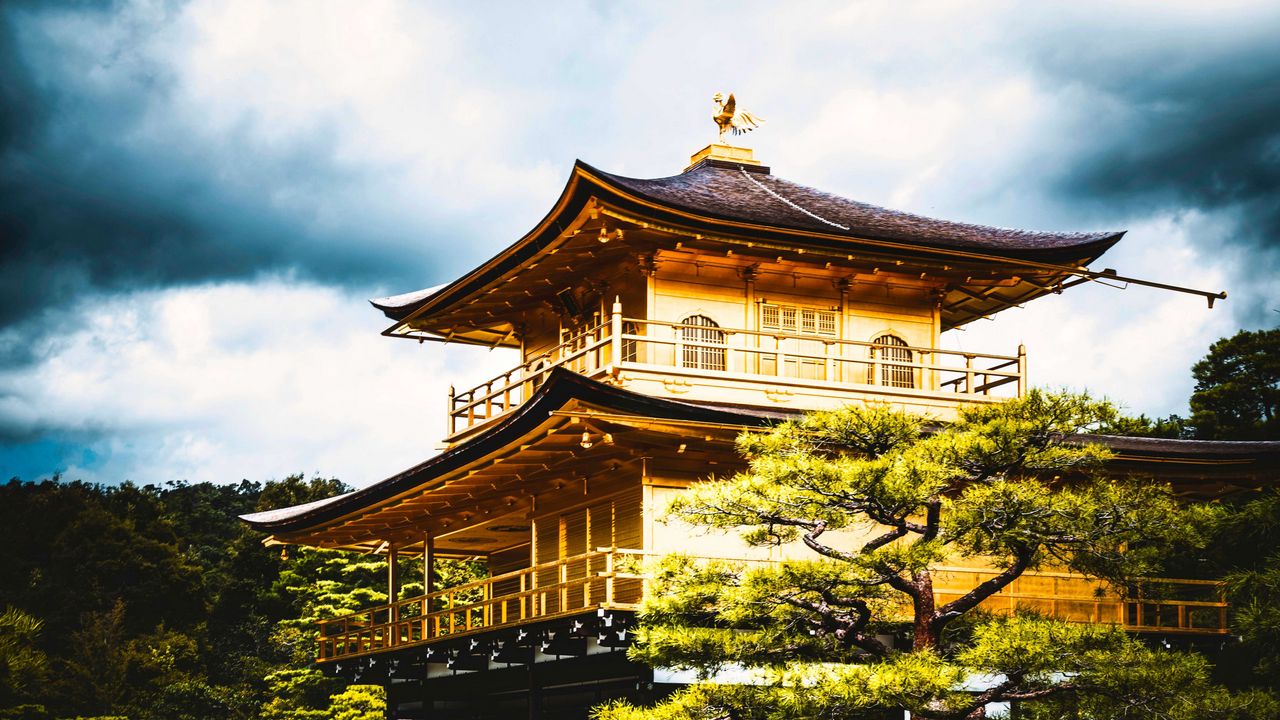 Wallpaper pagoda, architecture, tree, pond