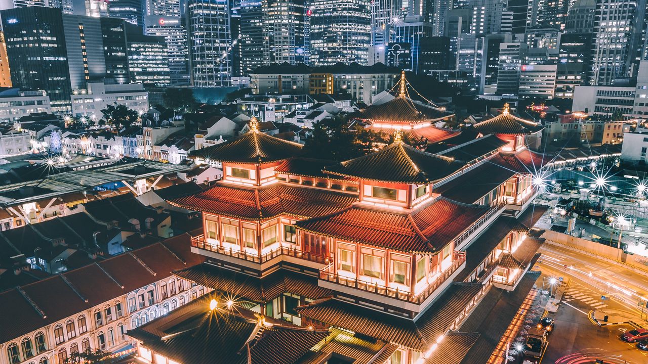 Wallpaper pagoda, building, aerial view, architecture, city, night, backlight