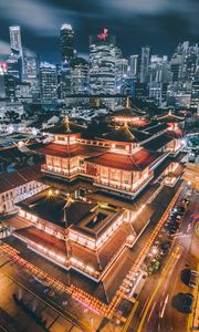 Preview wallpaper pagoda, building, aerial view, architecture, city, night, backlight