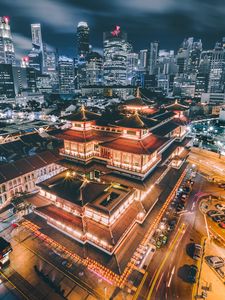Preview wallpaper pagoda, building, aerial view, architecture, city, night, backlight
