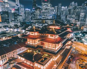 Preview wallpaper pagoda, building, aerial view, architecture, city, night, backlight