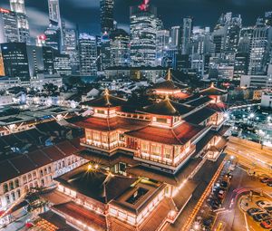 Preview wallpaper pagoda, building, aerial view, architecture, city, night, backlight