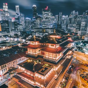 Preview wallpaper pagoda, building, aerial view, architecture, city, night, backlight