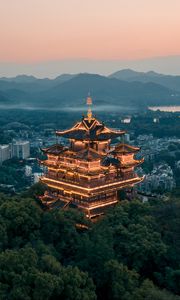 Preview wallpaper pagoda, building, architecture, temple, city, overview