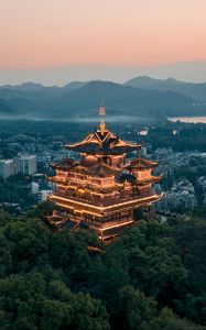 Preview wallpaper pagoda, building, architecture, temple, city, overview