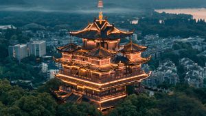 Preview wallpaper pagoda, building, architecture, temple, city, overview