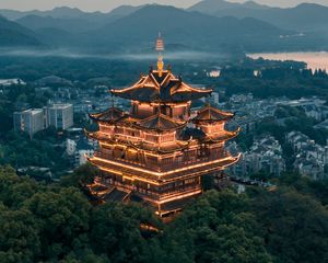 Preview wallpaper pagoda, building, architecture, temple, city, overview