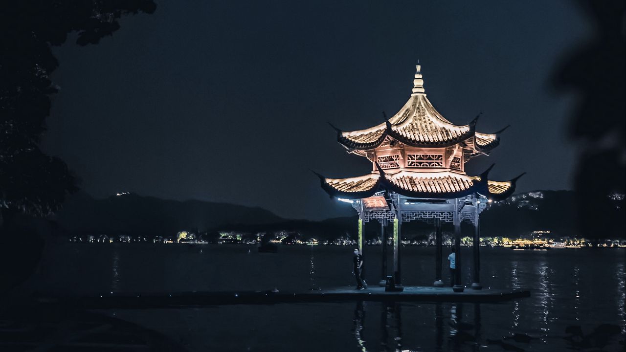 Wallpaper pagoda, building, architecture, night