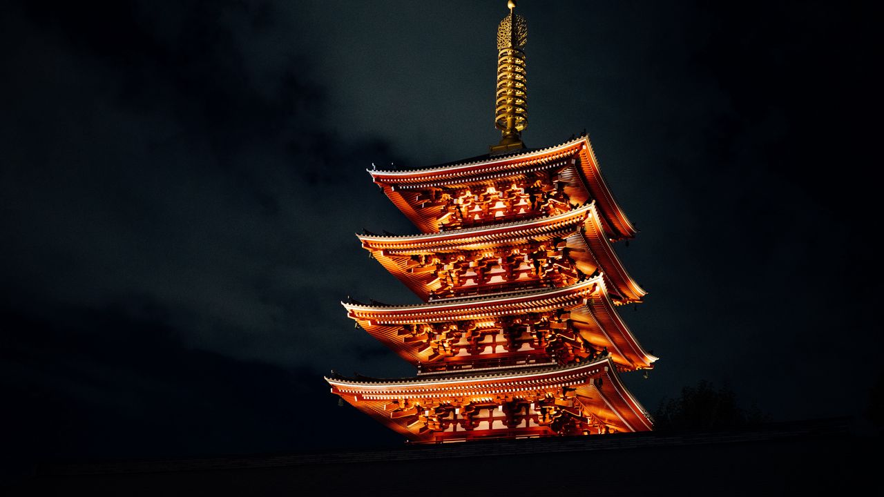 Wallpaper pagoda, building, architecture, backlight, dark