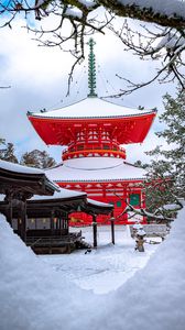 Preview wallpaper pagoda, building, architecture, red, snow, winter