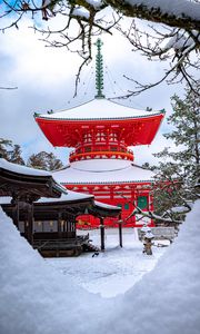 Preview wallpaper pagoda, building, architecture, red, snow, winter