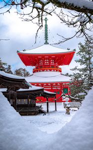 Preview wallpaper pagoda, building, architecture, red, snow, winter