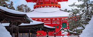 Preview wallpaper pagoda, building, architecture, red, snow, winter