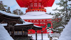 Preview wallpaper pagoda, building, architecture, red, snow, winter