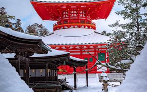 Preview wallpaper pagoda, building, architecture, red, snow, winter