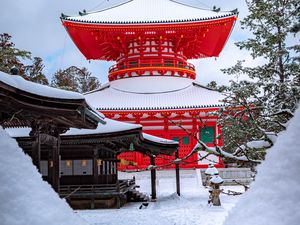 Preview wallpaper pagoda, building, architecture, red, snow, winter