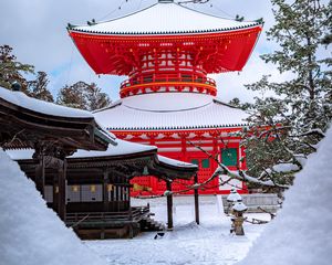 Preview wallpaper pagoda, building, architecture, red, snow, winter