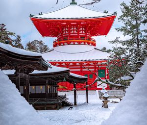 Preview wallpaper pagoda, building, architecture, red, snow, winter