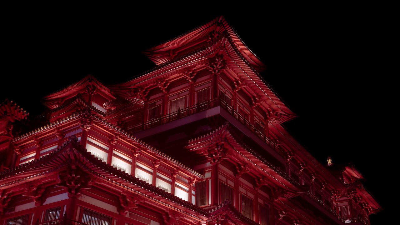 Wallpaper pagoda, building, architecture, night, red