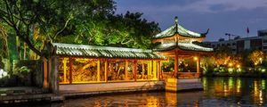 Preview wallpaper pagoda, building, backlight, trees, lake, twilight