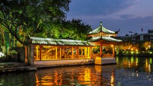 Preview wallpaper pagoda, building, backlight, trees, lake, twilight