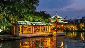 Preview wallpaper pagoda, building, backlight, trees, lake, twilight