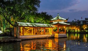 Preview wallpaper pagoda, building, backlight, trees, lake, twilight