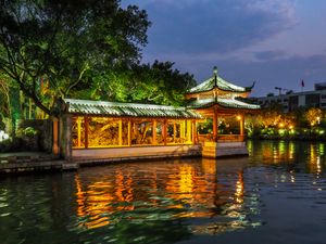 Preview wallpaper pagoda, building, backlight, trees, lake, twilight