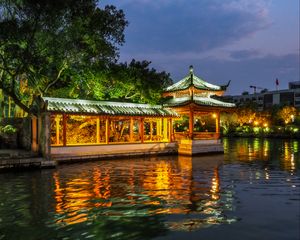 Preview wallpaper pagoda, building, backlight, trees, lake, twilight