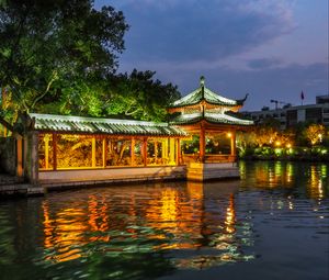 Preview wallpaper pagoda, building, backlight, trees, lake, twilight