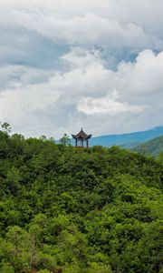 Preview wallpaper pagoda, building, forest, hills, nature