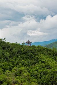 Preview wallpaper pagoda, building, forest, hills, nature