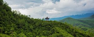 Preview wallpaper pagoda, building, forest, hills, nature