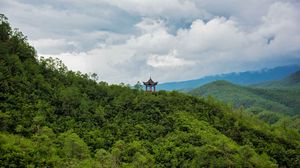 Preview wallpaper pagoda, building, forest, hills, nature