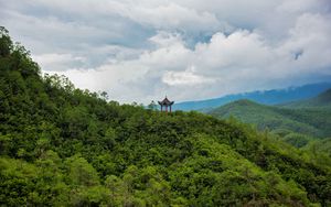 Preview wallpaper pagoda, building, forest, hills, nature