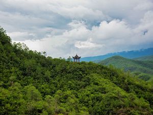 Preview wallpaper pagoda, building, forest, hills, nature