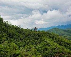 Preview wallpaper pagoda, building, forest, hills, nature