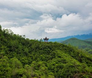 Preview wallpaper pagoda, building, forest, hills, nature