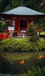 Preview wallpaper pagoda, building, pond, grass, japan, landscape