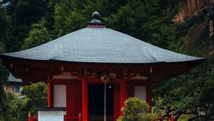 Preview wallpaper pagoda, building, pond, grass, japan, landscape