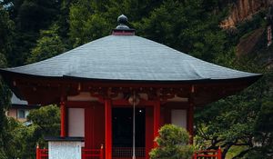 Preview wallpaper pagoda, building, pond, grass, japan, landscape