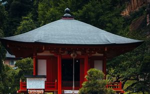 Preview wallpaper pagoda, building, pond, grass, japan, landscape