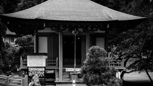 Preview wallpaper pagoda, building, pond, black and white